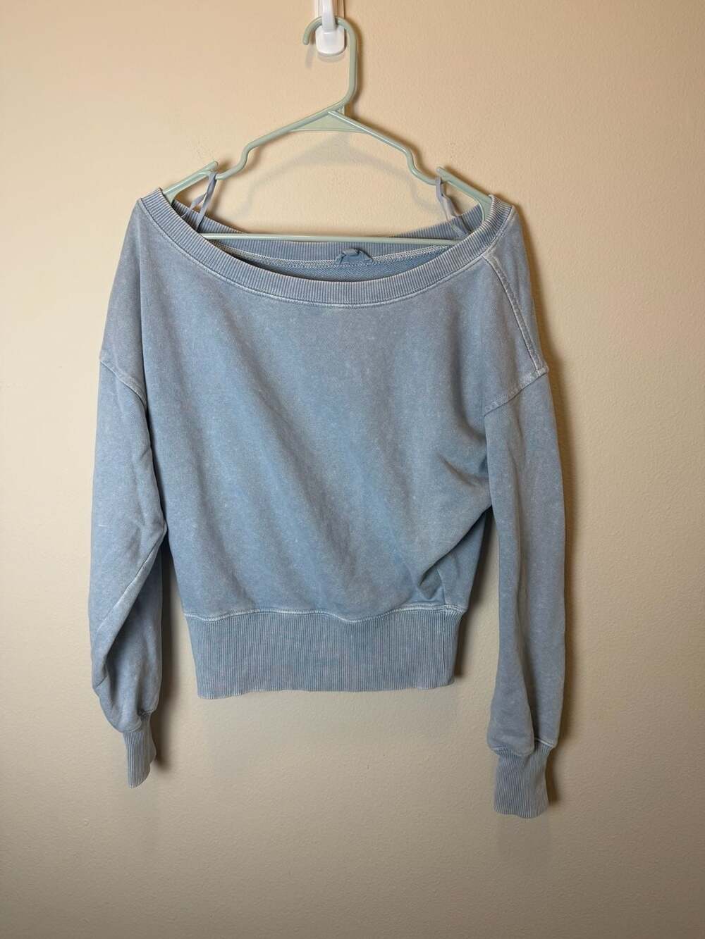 Aerie Off The Shoulder Acid Wash Sweatshirt Dusty Blue XS